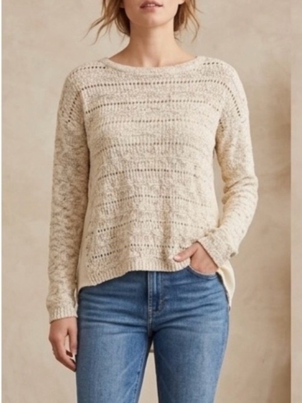 Lucky Brand Cream Knit Boho Sweater Top w/ Chiffon Hem Women’s Size Small